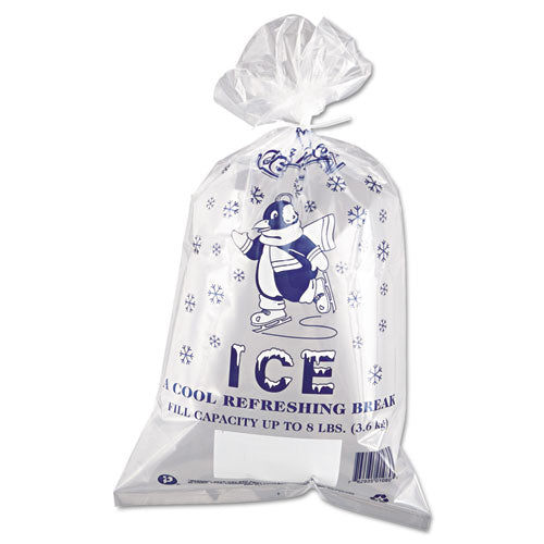 Image of Inteplast Group IC1120-TT Ice Bags with Twist-Ties, Ice: Penguin Icon Labeling, 8 lb Capacity, 11" x 20", Clear, 1,000/Carton