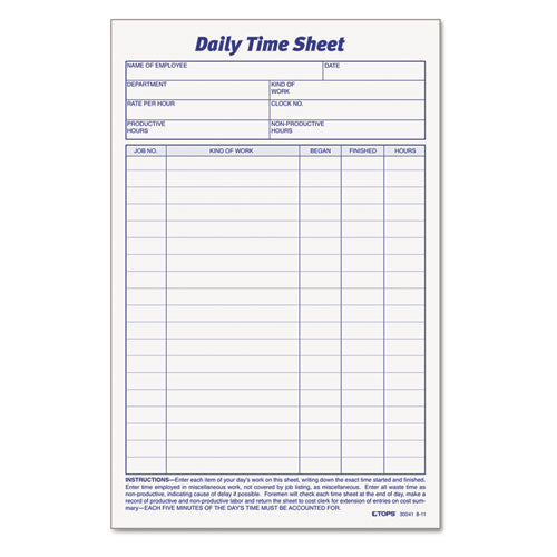 Image of TOPS 30041 Daily Time and Job Sheets, One-Part (No Copies), 8.5 x 5.5, 200 Forms/Pad, 2 Pads/Pack