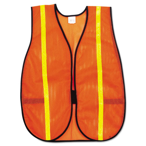 Image of MCR Safety V211R Polyester Mesh Safety Vest, One Size Fits All, Orange With 0.75" Lime Green Stripe