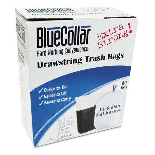 Image of BlueCollar N4828EW RC1 Drawstring Trash Bags, Drawstring, 13 gal, 24" x 28", White, 40 Bags/Roll, 2 Rolls/Box