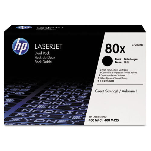 Image of HP CF280XD HP 80x, (cf280x-D) 2-Pack High-Yield Black Original Laserjet Toner Cartridges