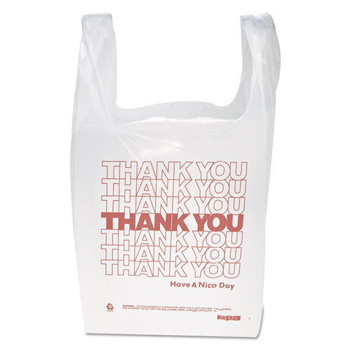 Image of Inteplast Group THW1VAL Thank You Handled T-Shirt Bag, Have a Nice Day Labeling, Cut-Out Handles, 11.5" x 6.5" x 21", White/Red, 900/Carton