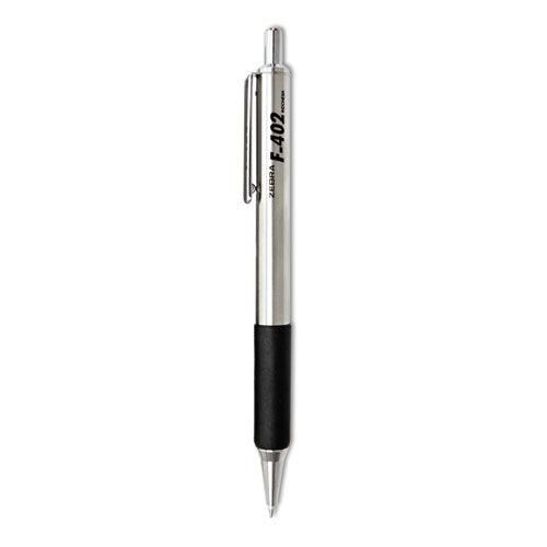 Image of Zebra® 29212 F-402 Ballpoint Pen, Retractable, Fine 0.7 Mm, Black Ink, Stainless Steel/black Barrel, 2/pack