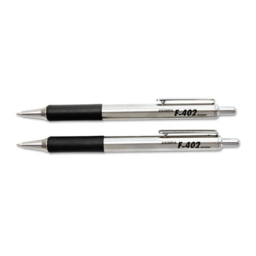 Image of Zebra® 29212 F-402 Ballpoint Pen, Retractable, Fine 0.7 Mm, Black Ink, Stainless Steel/black Barrel, 2/pack