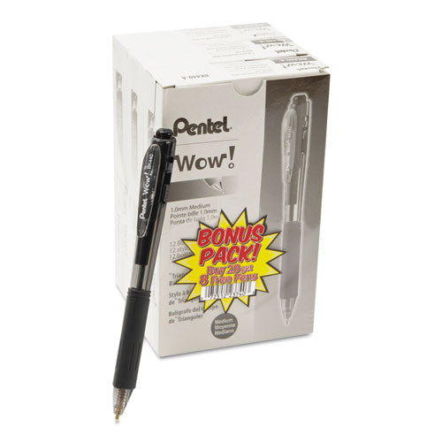 Image of Pentel® BK440ASW-USS WOW! Ballpoint Pen Value Pack, Retractable, Medium 1 mm, Black Ink, Smoke/Black Barrel, 36/Pack