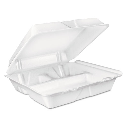Image of Dart® 90HT3R Foam Hinged Lid Container, 3 Compartments, 8 oz, 9 x 9.4 x 3, White, 100/Sleeve, 2 Sleeves/Carton