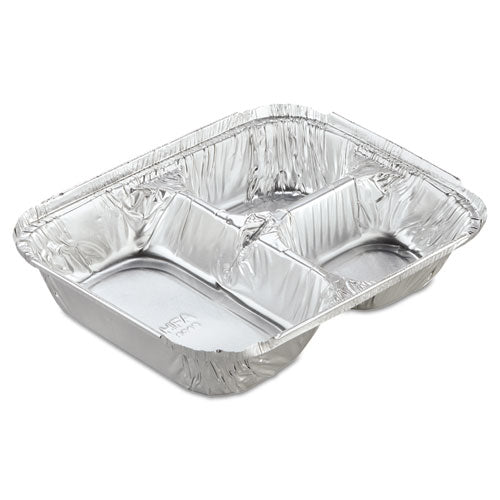 Image of HFA® 2045-35-250W Aluminum Oblong Container with Lid, 3 Compartments, 24 oz, 8.5 x 6.38 x 1.47, Silver, 250/Carton