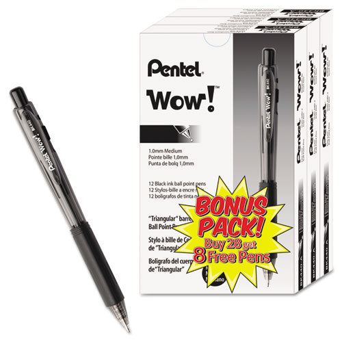 Image of Pentel® BK440ASW-USS WOW! Ballpoint Pen Value Pack, Retractable, Medium 1 mm, Black Ink, Smoke/Black Barrel, 36/Pack