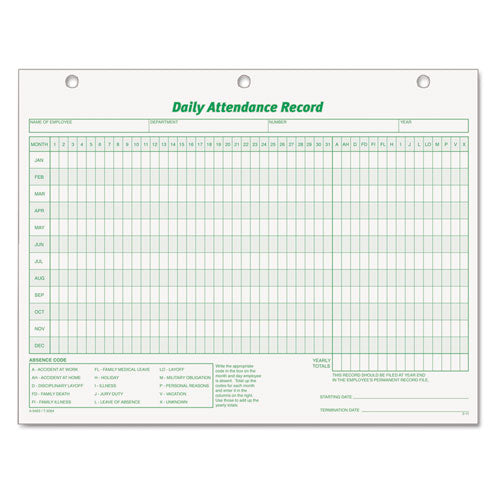 Image of TOPS 3284 Daily Attendance Card, One-Part (No Copies), 11 x 8.5, 50 Forms Total