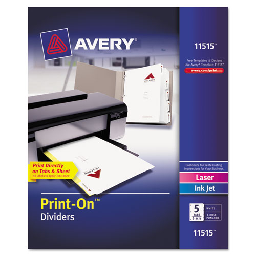 Image of Avery® 11515 Customizable Print-On Dividers, 3-Hole Punched, 5-Tab, 11 x 8.5, White, 5 Sets