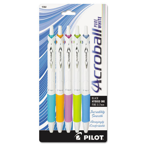 Image of Pilot® 31861 Acroball PureWhite Advanced Ink Hybrid Gel Pen, Retractable, Fine 0.7 mm, Black Ink, Assorted Barrel Colors, 5/Pack