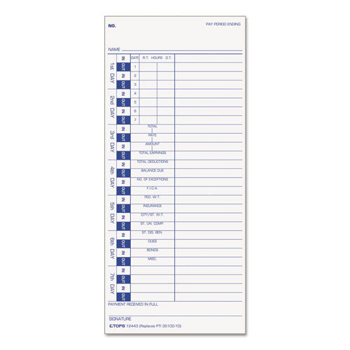 Image of TOPS 12443 Time Clock Cards, Replacement For 35100-10, One Side, 4 X 9, 100/pack