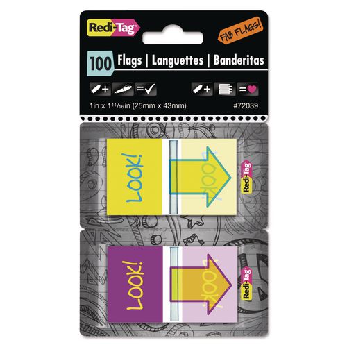 Image of Redi-Tag® B72039 Pop-Up Fab Page Flags W/dispenser, "look!", Purple/yellow; Yellow/teal, 100/pack