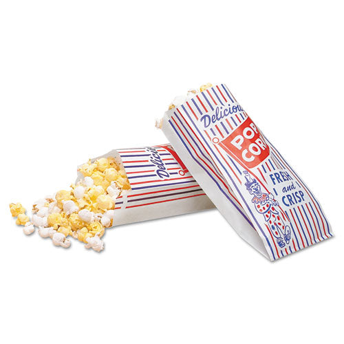 Image of Bagcraft 300471 Pinch-Bottom Paper Popcorn Bag, Delicious Popcorn: Circus Clown Icon Labeling, 4" x 1.5" x 8", Red/White/Blue, 1,000/Carton
