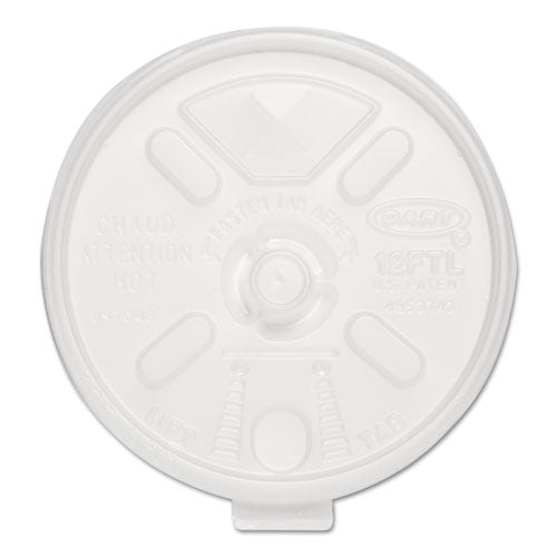 Image of Dart® 12FTLS Lift n' Lock Plastic Hot Cup Lids, With Straw Slot, Fits 10 oz to 14 oz Hot Cups, Translucent, 100/Sleeve, 10 Sleeves/Carton
