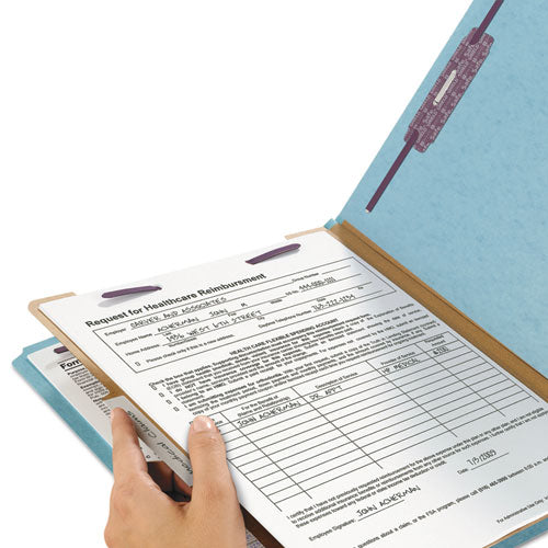 Image of Smead Four-Section Pressboard Top Tab Classification Folders, Four SafeSHIELD Fasteners, 1 Divider, Letter Size, Blue, 10/Box