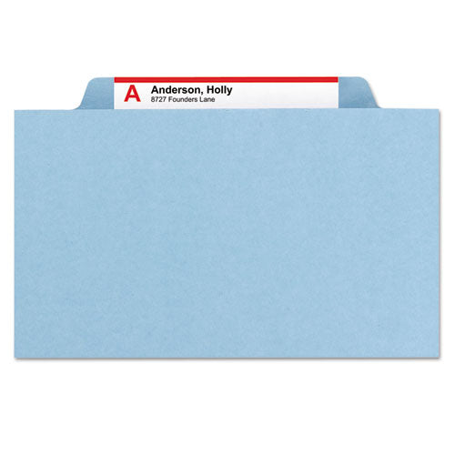 Image of Smead Pressboard Top Tab Classification Folders, Eight SafeSHIELD Fasteners, 3" Expansion, 3 Dividers, Letter Size, Blue, 10/Box