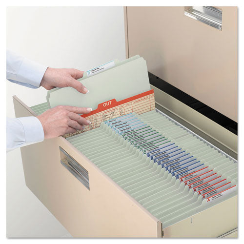 Image of Smead 13776 Pressboard Classification Folders, 2/5-Cut Tab, Expands 2", 1 Divider, 4 SafeSHIELD Fasteners, Letter Size, Gray-Green, 10/BX