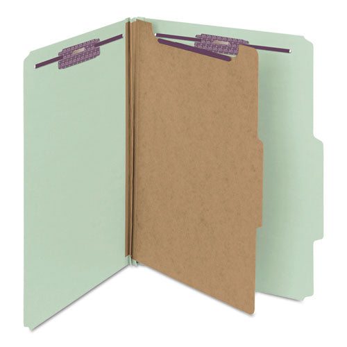 Image of Smead 13776 Pressboard Classification Folders, 2/5-Cut Tab, Expands 2", 1 Divider, 4 SafeSHIELD Fasteners, Letter Size, Gray-Green, 10/BX