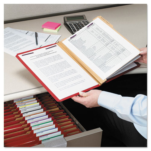 Image of Smead Six-Section Pressboard Top Tab Classification Folders, Six SafeSHIELD Fasteners, 2 Dividers, Letter Size, Bright Red, 10/Box