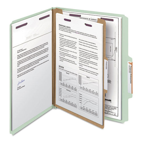 Image of Smead 13776 Pressboard Classification Folders, 2/5-Cut Tab, Expands 2", 1 Divider, 4 SafeSHIELD Fasteners, Letter Size, Gray-Green, 10/BX