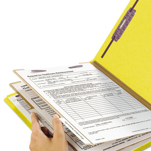 Image of Smead Six-Section Pressboard Top Tab Classification Folders, Six SafeSHIELD Fasteners, 2 Dividers, Letter Size, Yellow, 10/Box