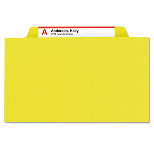 Image of Smead Six-Section Pressboard Top Tab Classification Folders, Six SafeSHIELD Fasteners, 2 Dividers, Letter Size, Yellow, 10/Box