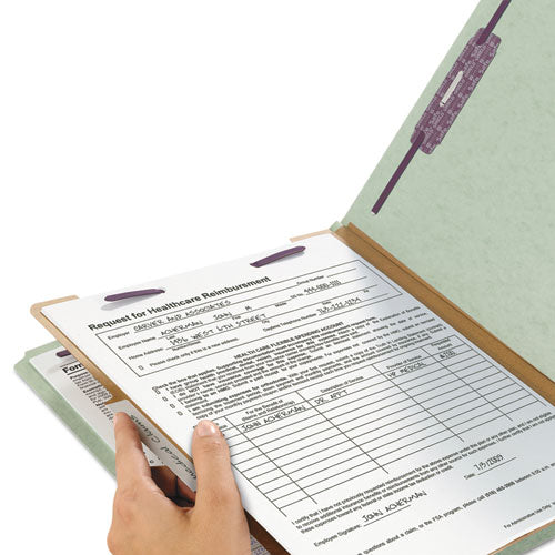 Image of Smead 13776 Pressboard Classification Folders, 2/5-Cut Tab, Expands 2", 1 Divider, 4 SafeSHIELD Fasteners, Letter Size, Gray-Green, 10/BX