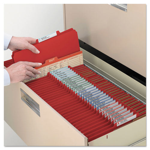 Image of Smead Six-Section Pressboard Top Tab Classification Folders, Six SafeSHIELD Fasteners, 2 Dividers, Letter Size, Bright Red, 10/Box