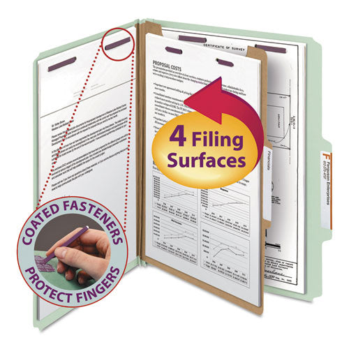 Image of Smead 13776 Pressboard Classification Folders, 2/5-Cut Tab, Expands 2", 1 Divider, 4 SafeSHIELD Fasteners, Letter Size, Gray-Green, 10/BX