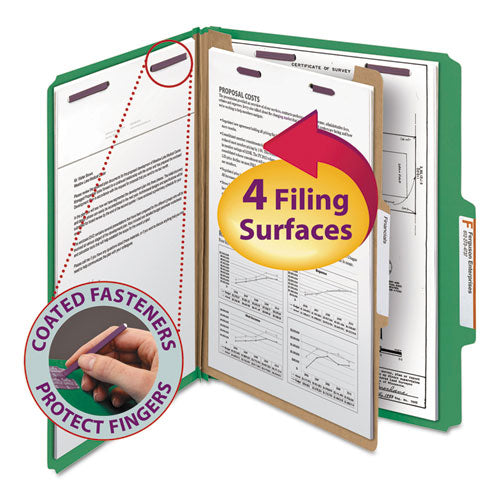 Image of Smead 13733 Pressboard Top Tab Classification Folders, Expands 2", 1 Divider, 4 SafeSHIELD Fasteners, Letter Size, Green, 10/Box