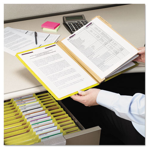 Image of Smead Six-Section Pressboard Top Tab Classification Folders, Six SafeSHIELD Fasteners, 2 Dividers, Letter Size, Yellow, 10/Box