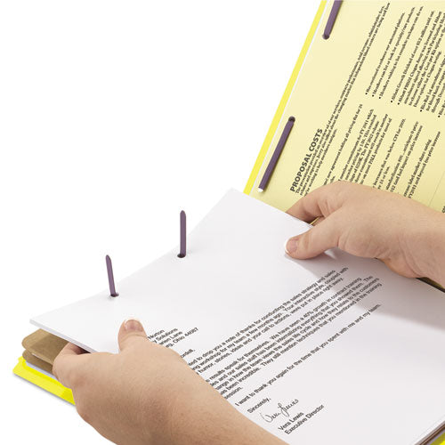 Image of Smead Six-Section Pressboard Top Tab Classification Folders, Six SafeSHIELD Fasteners, 2 Dividers, Letter Size, Yellow, 10/Box