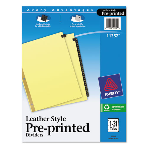 Image of Avery® 11352 Preprinted Black Leather Tab Dividers w/Gold Reinforced Edge, 31-Tab, 1 to 31, 11 x 8.5, Buff, 1 Set