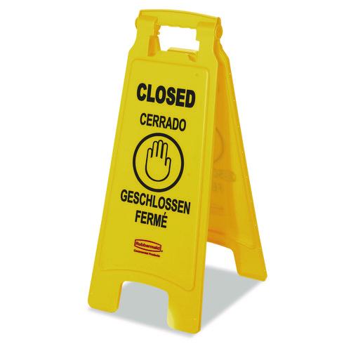 Image of Rubbermaid® Commercial FG611278YEL Multilingual "Closed" Sign, 2-Sided, 11 x 12 x 25, Bright Yellow