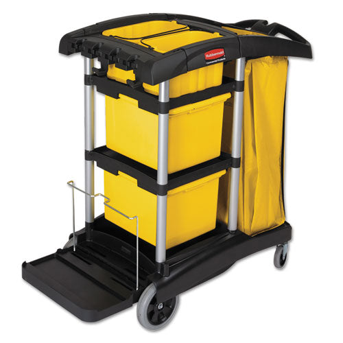 Image of Rubbermaid® Commercial HYGEN FG9T7300BLA HYGEN Microfiber Healthcare Cleaning Cart, Plastic, 3 Shelves, 5 Bins, 22" x 48.25" x 44", Yellow/Black/Silver