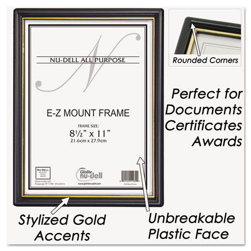 Image of NuDell 11880 Ez Mount Document Frame With Trim Accent And Plastic Face, Plastic, 8.5 X 11 Insert, Black/gold