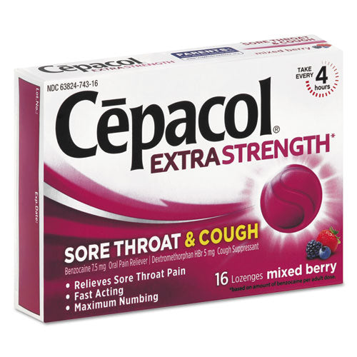 Image of Cepacol® 63824-74016 Extra Strength Sore Throat and Cough Lozenges, Mixed Berry, 16/Pack, 24 Packs/Carton