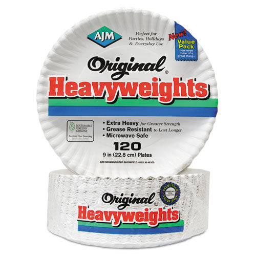 Image of AJM Packaging Corporation AJM OH9AJBXWH Original Heavyweights Paper Plates, 9" dia, White, 120/Pack, 8 Packs/Carton