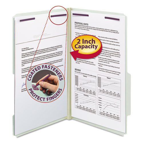 Image of Smead 19982 Recycled Pressboard Fastener Folders, 2/5 Tab: R of C, Expands 2", 2 SafeSHIELD Fasteners, Legal Size, Gray-Green, 25/Box