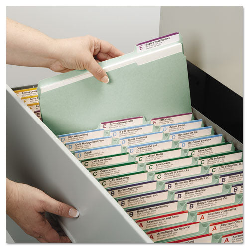 Image of Smead Recycled Pressboard Fastener Folders, 1/3-Cut Tabs, Two SafeSHIELD Fasteners, 2" Expansion, Legal Size, Gray-Green, 25/Box