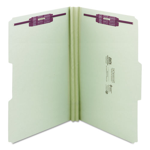 Image of Smead Recycled Pressboard Fastener Folders, 1/3-Cut Tabs, Two SafeSHIELD Fasteners, 2" Expansion, Legal Size, Gray-Green, 25/Box