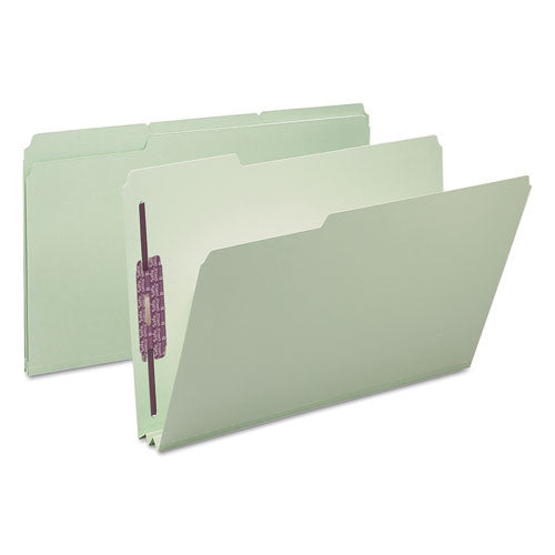Image of Smead Recycled Pressboard Fastener Folders, 1/3-Cut Tabs, Two SafeSHIELD Fasteners, 2" Expansion, Legal Size, Gray-Green, 25/Box