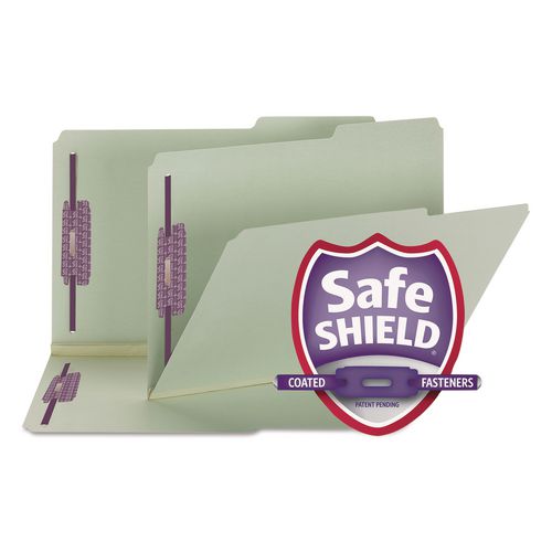 Image of Smead 19920 Recycled Pressboard Fastener Folders, 2/5-Cut Tab: Right, Expands 2", 2 SafeSHIELD Fasteners, Legal Size, Gray-Green, 25/Box