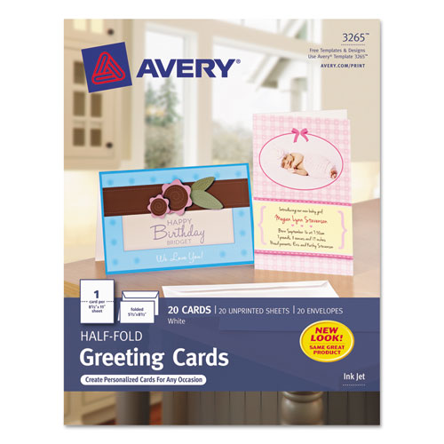 Image of Avery® 03265 Half-Fold Greeting Cards with Matching Envelopes, Inkjet, 85 lb, 5.5 x 8.5, Matte White, 1 Card/Sheet, 20 Sheets/Box