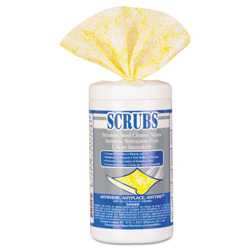 Image of SCRUBS® 91930 Stainless Steel Cleaner Towels, 1-Ply, 9.75 x 10.5, Lemon Scent, 30/Canister