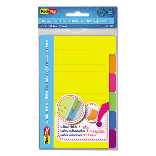 Image of Redi-Tag® 29500 Index Sticky Notes, 6-Tab Set, Note Ruled, 4" x 6", Assorted Colors, 60 Sheets/Set