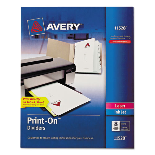 Image of Avery® 11528 Customizable Print-On Dividers, 3-Hole Punched, 8-Tab, 11 x 8.5, White, 1 Set