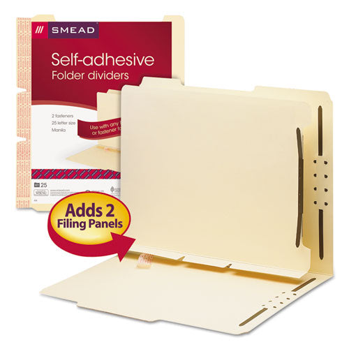 Image of Smead 68025 Self-Adhesive Folder Dividers for Top/End Tab Folders, 2 Fasteners, Letter Size, Manila, 25/Pack