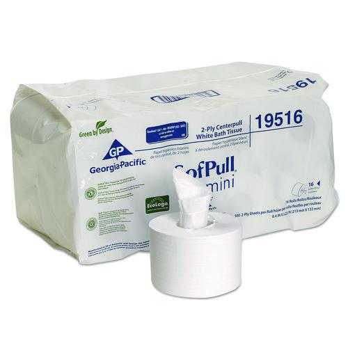 Image of Georgia Pacific® Professional 19516 SofPull Mini Centerpull Bath Tissue, Septic Safe, 2-Ply, White, 500 Sheets/Roll, 16 Rolls/Carton
